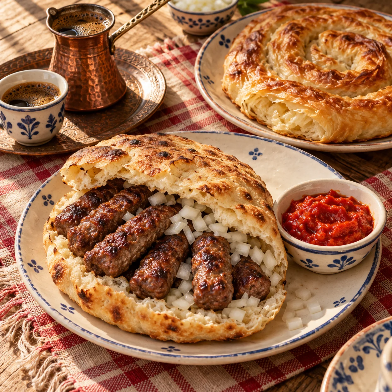Illustratives Balkan-Stillleben mit Ćevapi, Lepinja, Ajvar, Burek und Kaffee